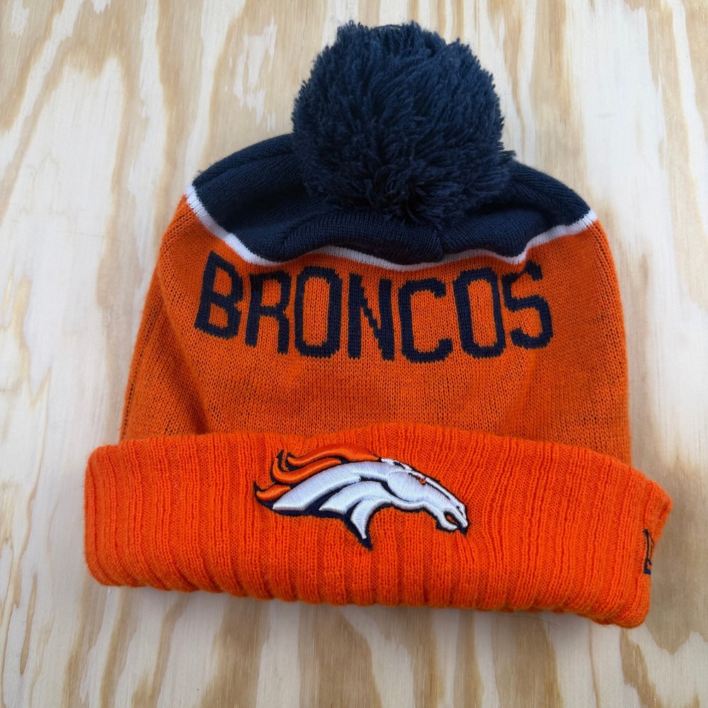 New Era Denver Broncos NFL Knit Beanie Hat Pom Pom Orange Navy Blue One Size